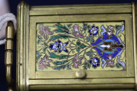 A French miniature brass and champleve enamel carriage timepiece, c.1900, 3in.